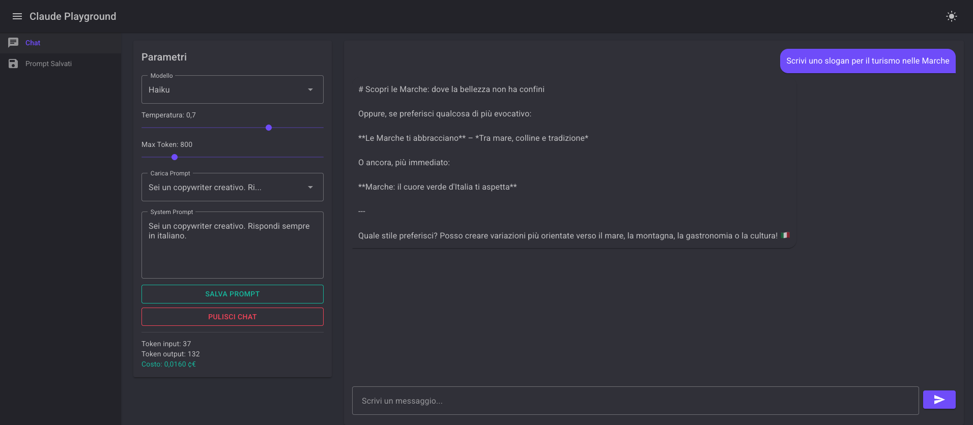 Una sessione del playground durante i test